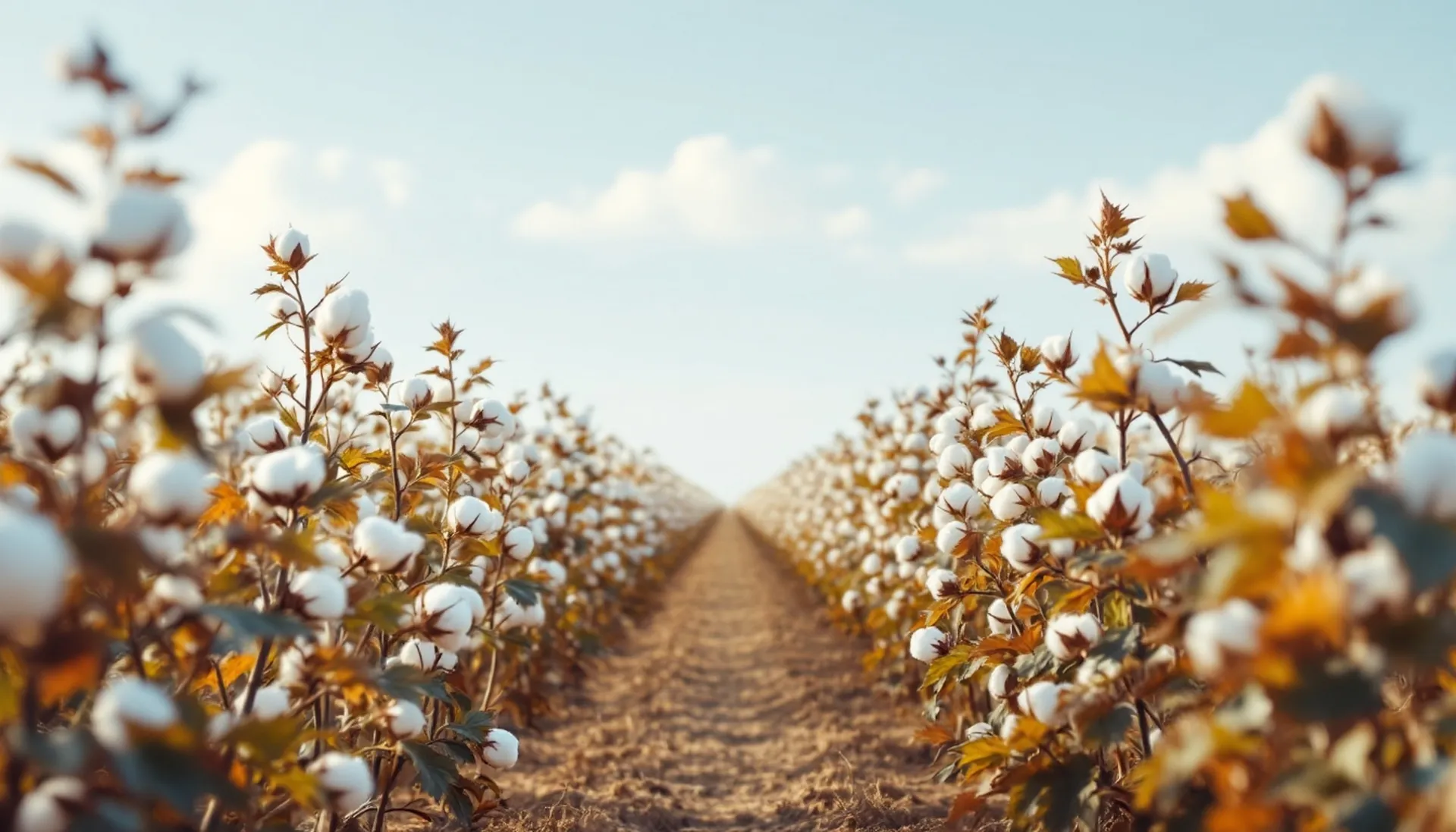 Rows of open ivory cotton bolls under a pale morning sky